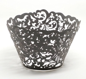European style black laser-cut lace cupcake wrapper with vintage vine pattern for wedding