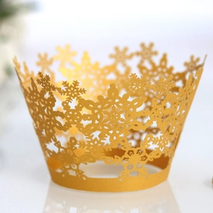 Laser-cut gold snowflake cupcake wrappers for wedding and Christmas party decorations