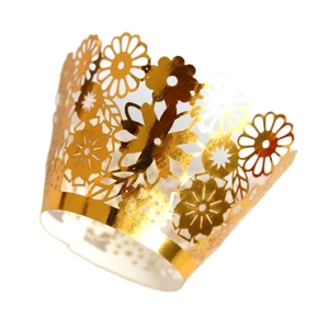 Elegant gold laser-cut hollow lace cupcake wrappers with reflective mirror finish