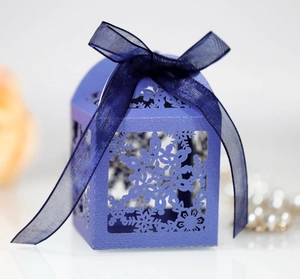 Macro detail of laser-cut snowflake patterns on purple pearlescent paper gift box with ribbon