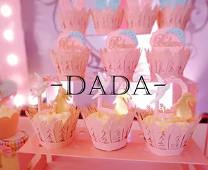 Laser cut pink lace cupcake wrappers and toppers set with feather patterns and bird details