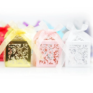 Laser cut favor boxes with ribbons for wedding candy, multiple colors in pearl paper