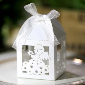 Detailed laser-cut angel candy box with star patterns and white organza ribbon bow