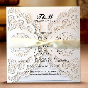 Invitation Mariage Découpe Laser Papier Perlé Design Floral Ajouré Noeud Ruban Cartes Carrées Cérémonie Fête