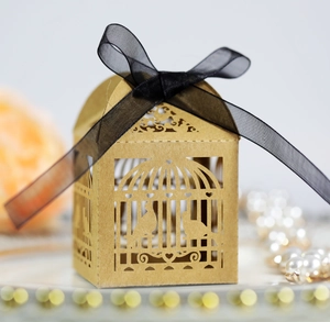 Macro shot of laser-cut birdcage gift box with intricate bird and heart details