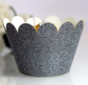 Silver glitter scalloped cupcake wrappers with laser shimmering texture for baking decor