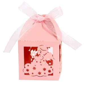 Pink hollow baby shower gift box with laser-cut angel and star patterns for candies