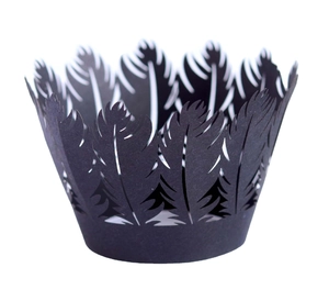 Intricate laser-cut crown feather cupcake wrapper in black paper for elegant baking decor