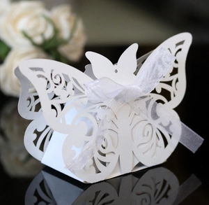 Laser cut white butterfly candy box with silk ribbon for wedding gift packaging