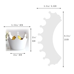 Detailed size guide for crown-shaped white cupcake wrappers with laser-cut lace design