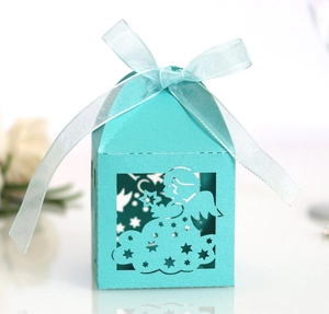 Laser-cut baby baptism candy box with angel star cutout and mint blue silk ribbon