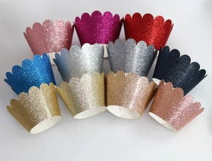 Glitter paper cupcake liners with wavy edges in various colors for baking decoration