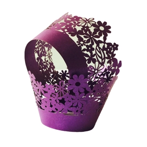 Elegant deep purple laser-cut flower hollow cupcake wrappers for party dessert decoration