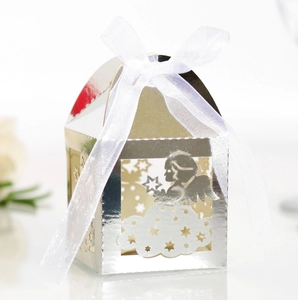 Detailed laser-cut hollow angel with stars on silver mirror favor box with white bow