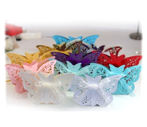 European laser-cut butterfly wedding candy boxes with ribbons in assorted colors