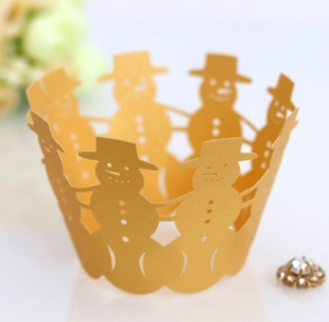Laser cut champagne gold snowman cupcake wrapper with pearl finish for Christmas party