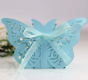 Detail of light blue laser-cut butterfly gift box with pearlescent finish and ribbon bow