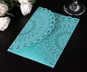 Elegant mint green laser cut hollow wedding invitation with pearl paper lace design