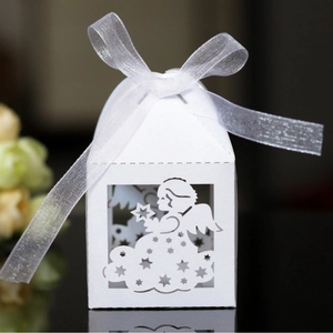 Laser Cut Angel Hollow Candy Box Pearlescent Paper Gift Box With Ribbon For Wedding Baby Shower Party Favor Celebration