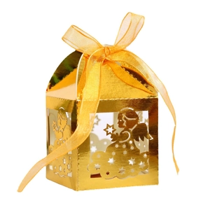 Golden hollow candy box with angel and star laser cut design and orange ribbon