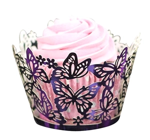 Laser-cut dark purple butterfly cupcake wrapper with reflective metallic finish
