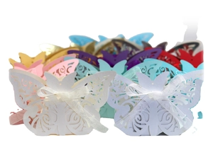 Laser cut butterfly candy boxes with satin ribbons for wedding gifts and favor packaging