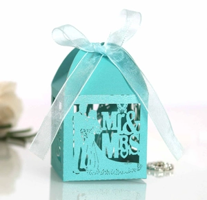 Detailed laser-cut silhouette of bride and groom on a light blue wedding favor gift box