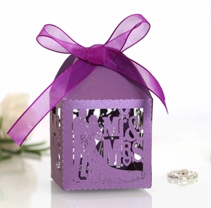 Detailed laser cut purple Mr & Mrs wedding favor box with elegant organza ribbon