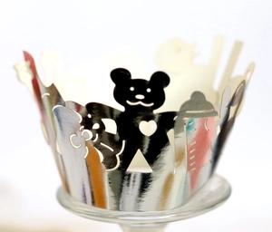Silver laser-cut cupcake wrappers with cute baby bear and heart pattern for parties