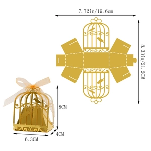 Detailed size guide for gold hollow birdcage favor box with ribbon and dimensions