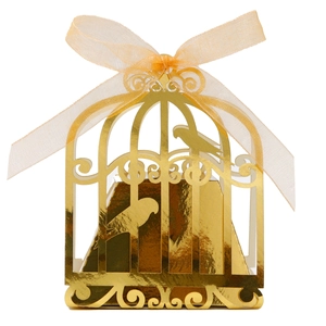 Golden laser cut birdcage wedding favor box with bird patterns and ribbon bow