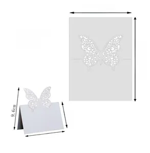 Detailed laser cut butterfly place card showing flat and folded white paper card dimensions