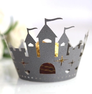 Laser-cut grey castle cupcake wrappers with star and heart hollow details for desserts
