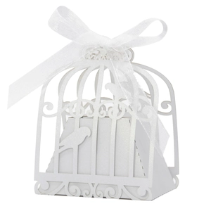 Exquisite laser-cut birdcage wedding candy box with white organza ribbon bow decoration