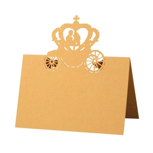 Brown kraft paper wedding table card with laser-cut carriage crown silhouette design