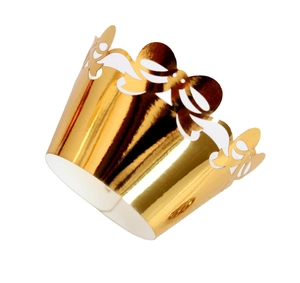 Golden reflective hollow lace cupcake wrappers with intricate floral cutouts and shiny finish