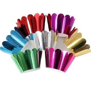 Vibrant metallic cupcake liners set in various colors with scalloped edges for baking