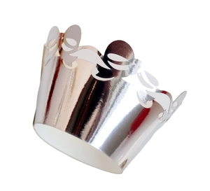 Shiny silver hollow-out cupcake wrapper with elegant crown lace design and reflective finish