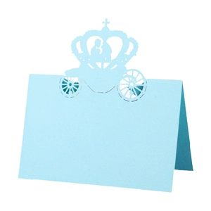 Elegant light blue laser-cut carriage table card for wedding and party seating arrangement