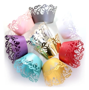 Laser cut lace cupcake liners with hollow patterns in nine assorted pearlescent colors