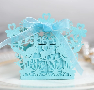 Close-up of laser-cut love bird candy box in light blue with elegant ribbon bow