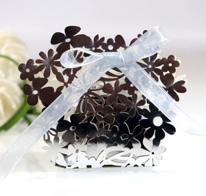 Detailed macro view of laser-cut floral patterns on silver wedding favor gift box