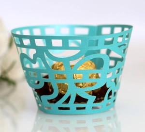 Tiffany blue hollow laser-cut cupcake wrappers with elegant geometric pattern for parties