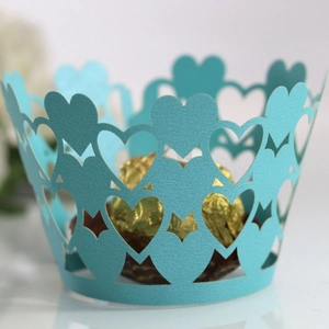 Lake blue hollowed heart pattern laser cut paper cupcake wrapper for party dessert decoration