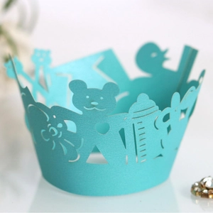 Laser Cut Artificial Pearl Paper Cupcake Wrapper Decorative Hollow Bear Baby Bottle Pattern For Baby Shower Birthday Party Cake Decor