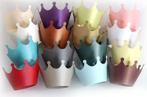 Glitter crown cake wrappers in various metallic colors for bakery decoration