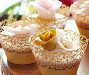 Champagne gold laser-cut hollow floral cupcake wrappers for wedding party decoration