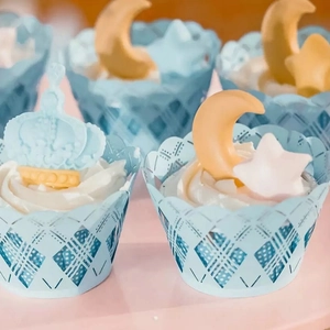 Hollow lace light blue cupcake wrappers with moon and star toppers for wedding party