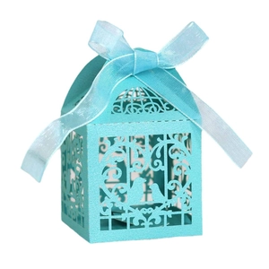Boîte à bonbons découpée au laser bleu tiffany avec motif d'oiseau et ruban organza