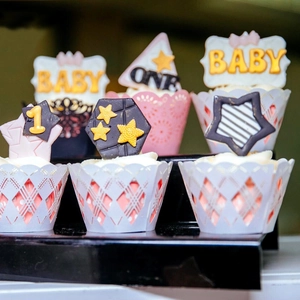 Pink and gold baby 1st birthday cupcake liners and decorative toppers set